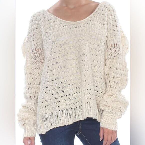 Free People Crashing Waves Pullover Chunky Knit Boho Sweater Ivory Wool Blend - Picture 7 of 8